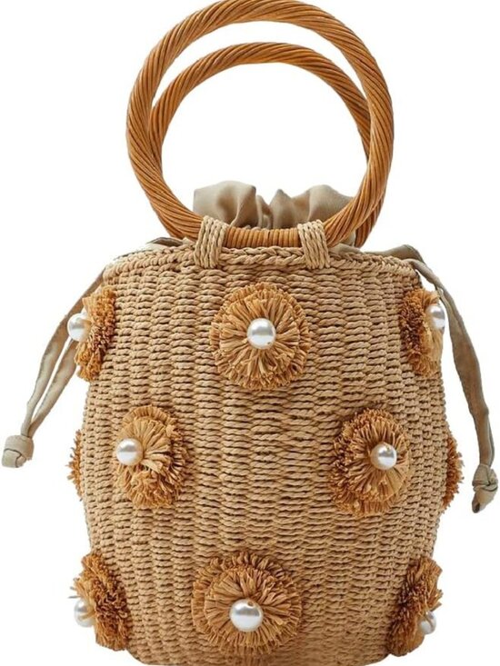 Handbags - Chic Flower Pearls Rattan Tote Bag | Summer Beach Drawstring Straw Bucket Bag